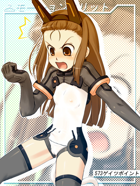caryo, takeda yukimura, elise von dietrich, minase iori, idolmaster, idolmaster (classic), idolmaster 1, sky girls, framed, pilot suit, >:o, 1girl, :o, ^^^, alternate costume, angry, animal ears, blush, breasts, brown hair, cameltoe, clenched hand, cosplay, covered erect nipples, covered navel, elise von dietrich (cosplay), fake animal ears, female focus, from side, gloves, green thighhighs, hairband, halftone, halftone background, headgear, leotard, long hair, looking down, mecha pilot suit, motion slit, motionslit, nose blush, orange eyes, parody, see-through clothes, shadow, shouting, small breasts, solo, thighhighs, turtleneck, v-shaped eyebrows, zoom layer
