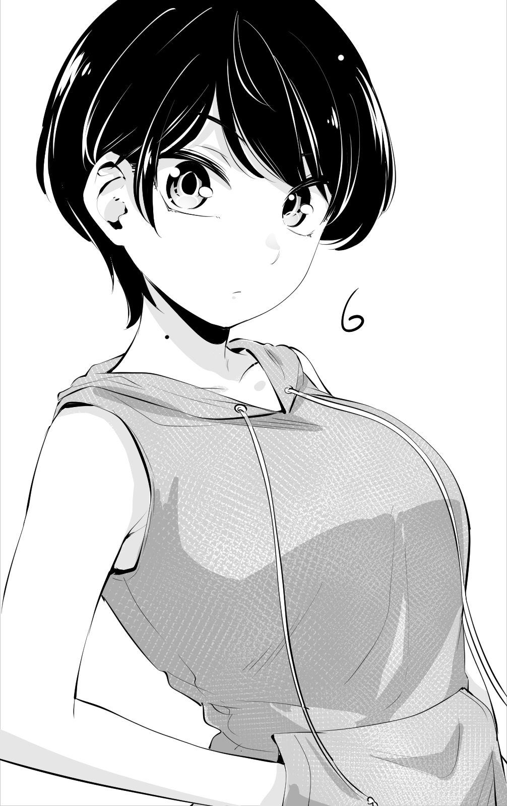 hinoharaf (14310486), original, commentary request, highres, 1girl, armpit crease, breasts, closed mouth, collarbone, expressionless, greyscale, hands in pockets, hood, hoodie, large breasts, mole, mole on neck, monochrome, parted bangs, short hair, sleeveless, sleeveless hoodie, solo, upper body, very short hair