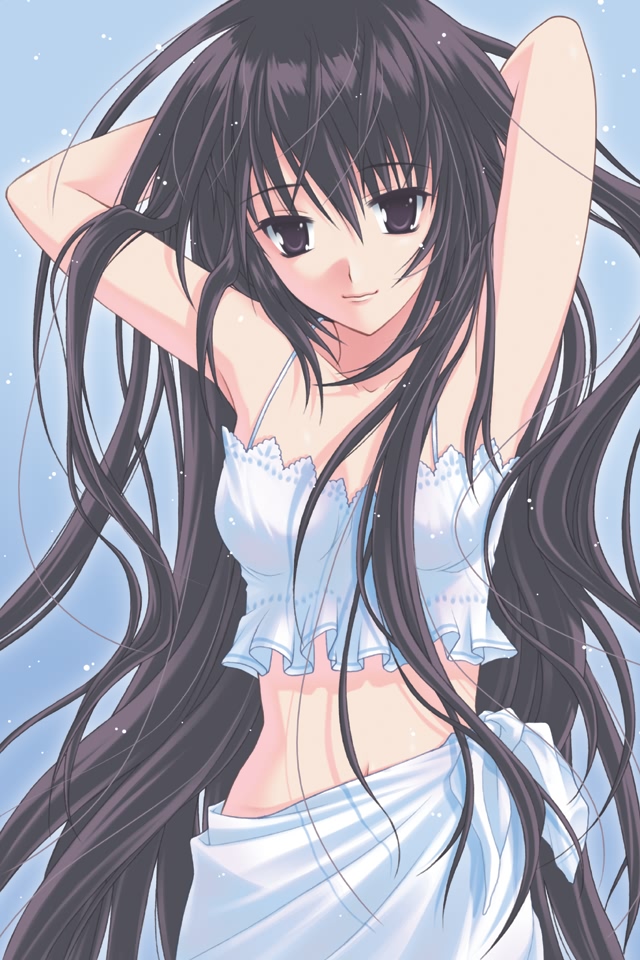 takigawa yuu, komachi tsugumi, ever 17, 1girl, armpits, arms behind head, black hair, brown eyes, camisole, female focus, lingerie, long hair, messy hair, midriff, smile, solo, underwear, very long hair