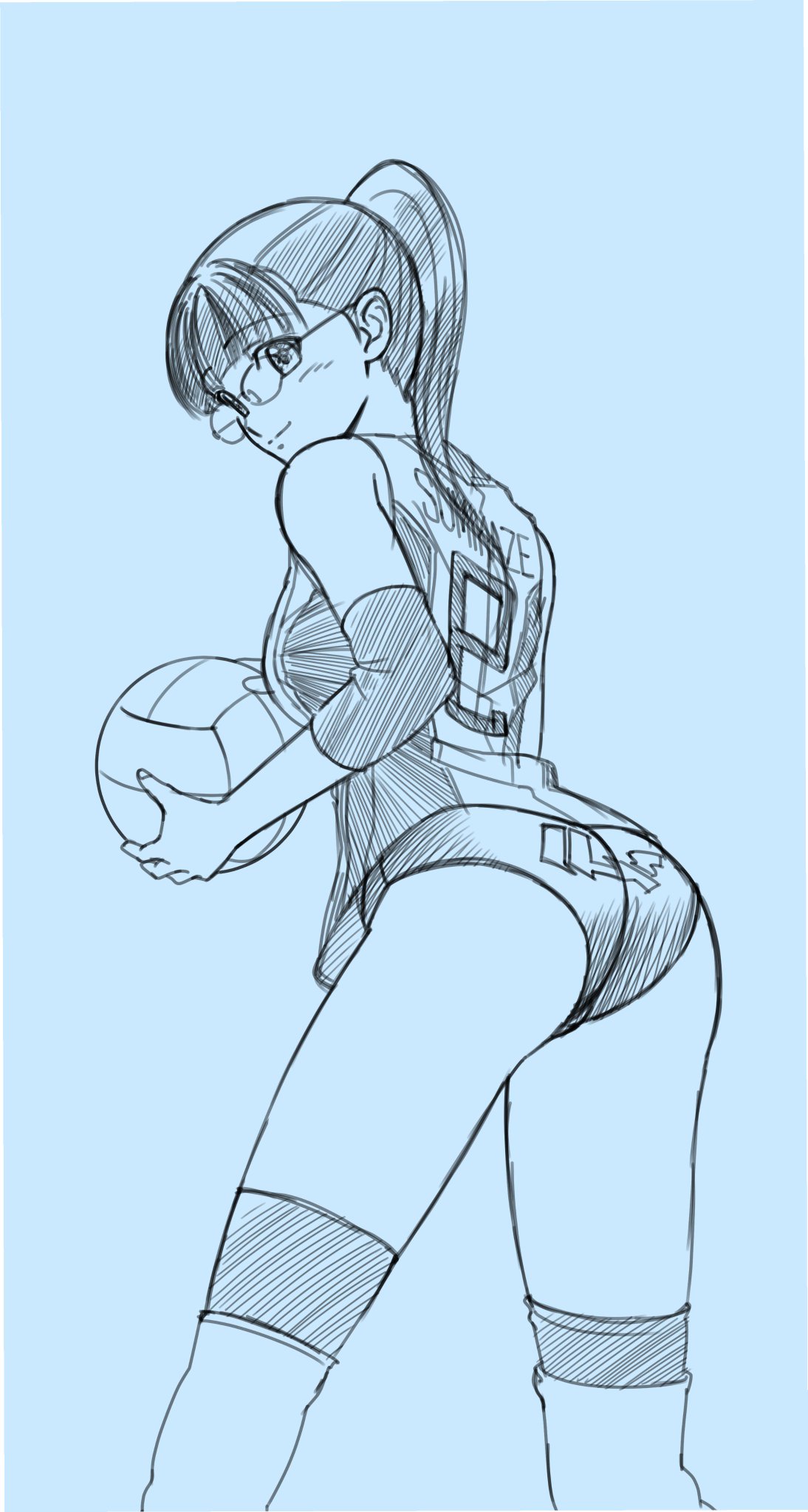 eibon, sumikaze touko, occultic;nine, science adventure, highres, 1girl, ass, back, ball, bare shoulders, blush, breasts, buruma, character name, from behind, glasses, holding, holding ball, long hair, looking at viewer, looking back, medium breasts, monochrome, ponytail, shirt, shorts, simple background, sleeveless, sleeveless shirt, smile, solo, sportswear, standing