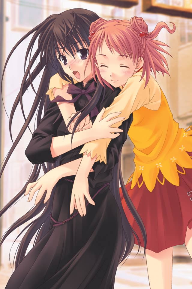 takigawa yuu, komachi tsugumi, yagami coco, ever 17, 2girls, :o, ^ ^, black dress, blush, closed eyes, dress, glomp, hug, hug from behind, indoors, long sleeves, looking at viewer, multiple girls, open mouth, pink hair, pleated skirt, purple eyes, red skirt, short hair, skirt, surprised, sweater, yuri