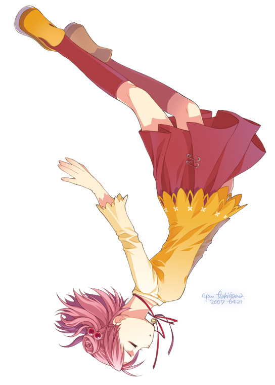 takigawa yuu, yagami coco, ever 17, 1girl, arched back, blouse, closed eyes, falling, female focus, from side, full body, hair bun, kneehighs, loafers, long sleeves, miniskirt, pink hair, pleated skirt, red skirt, red socks, shirt, shoes, short hair, simple background, single hair bun, single side bun, skirt, socks, solo, sweater, white background, yellow shirt, yellow shoes