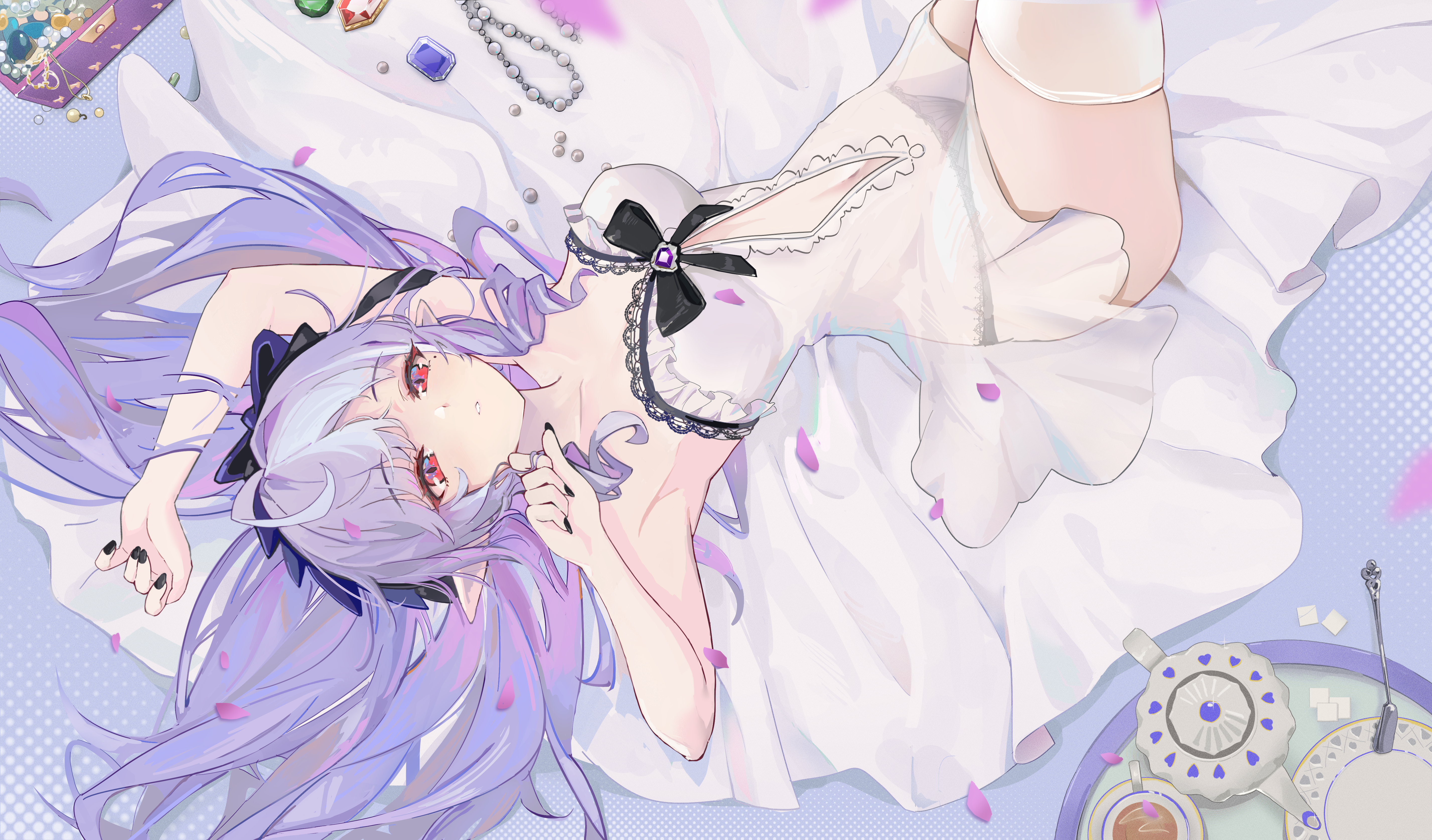 vivian banshee, zenless zone zero, absurdres, highres, 1girl, ahoge, black bow, black nails, black panties, black ribbon, blush, bow, breasts, center frills, collarbone, cup, dress, drill hair, frilled dress, frills, gem, hairband, jewelry, long hair, looking at viewer, lying, mole, mole under eye, navel, on back, panties, parted bangs, pointy ears, purple gemstone, purple hair, purple hairband, red eyes, ribbon, see-through clothes, sideboob cutout, sleeveless, solo, spoon, tanji maketu, teacup, teapot, thighhighs, underwear, white dress, white thighhighs