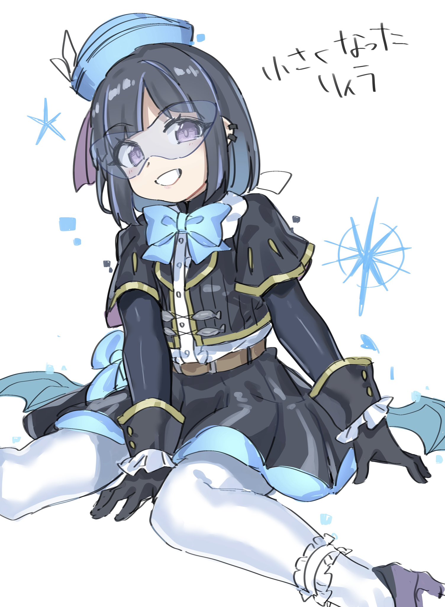 itoama 030, evil twin lil-la, lil-la (yu-gi-oh!), yu-gi-oh!, highres, 1girl, black hair, black jacket, black skirt, blue-tinted eyewear, blue hat, blue wings, demon girl, demon wings, duel monster, hat, jacket, low wings, pantyhose, purple eyes, shirt, short hair, simple background, sitting, sketch, skirt, solo, tinted eyewear, white background, white pantyhose, white shirt, wings