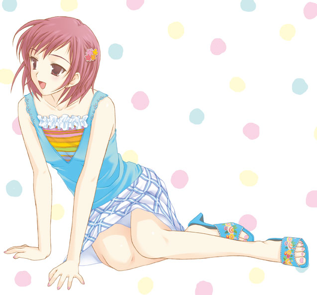 takigawa yuu, yagami coco, ever 17, aged up, casual, fashion, feet, hair ornament, hairpin, high heel sandals, high heels, nail polish, panties, panty peek, plaid clothes, plaid skirt, sandals, skirt, solo, toenail polish, toenails, toes, underwear, white panties
