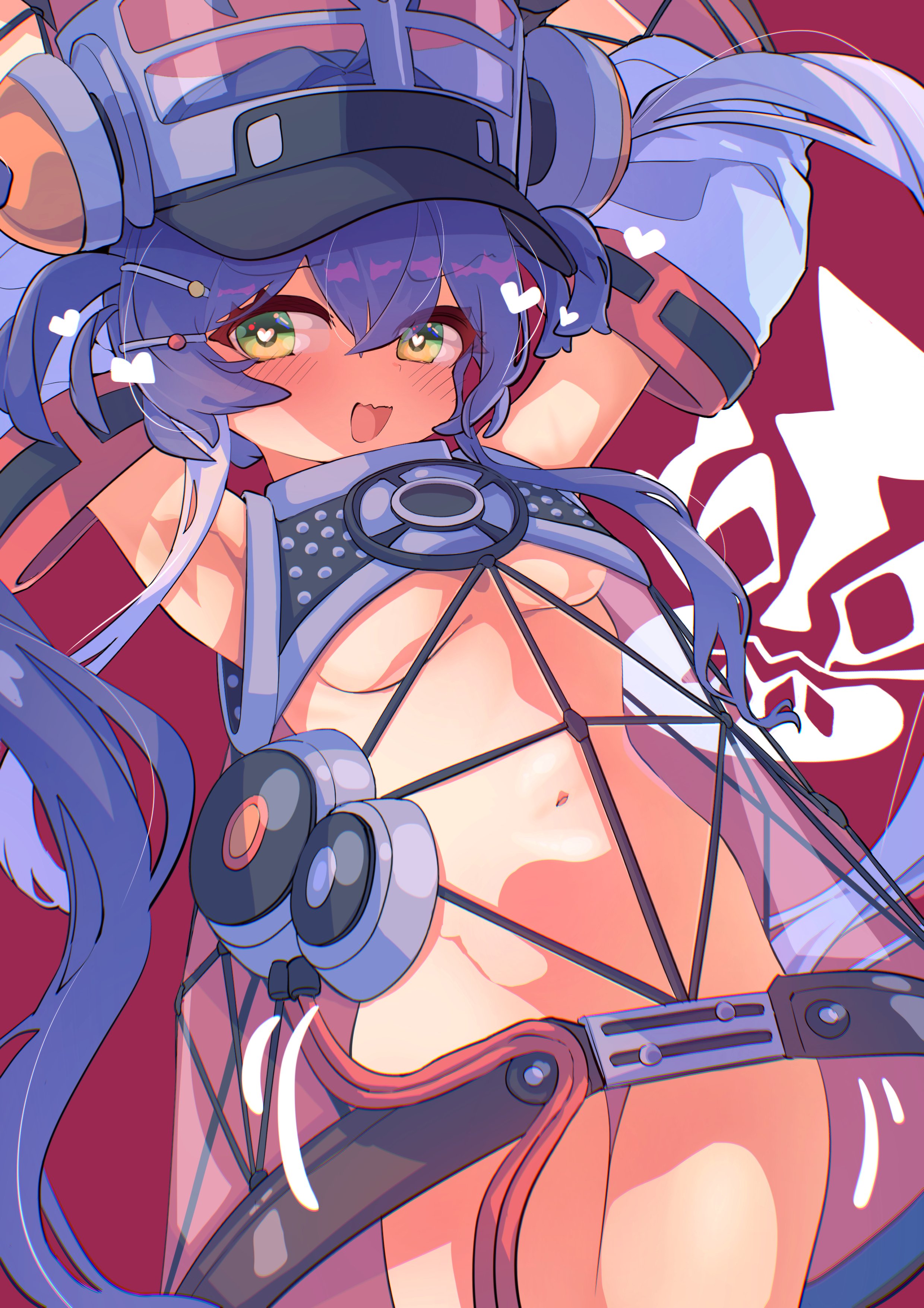 c civciv, yu-gi-oh!, absurdres, character request, highres, 1girl, blush, breasts, cowboy shot, detached sleeves, dress, duel monster, green eyes, long hair, no panties, purple hair, red background, revealing clothes, see-through clothes, see-through dress, simple background, small breasts, solo, twintails, white sleeves