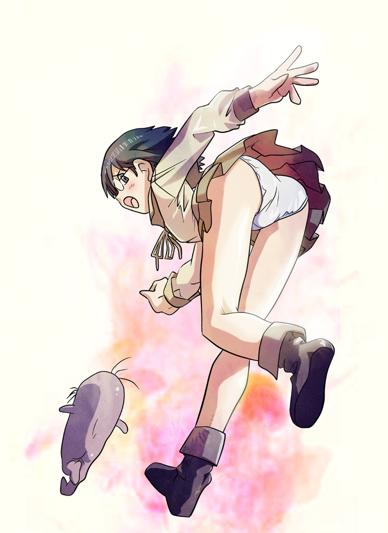 morimi ashita, okonogi yuuko, oyaji (dennou coil), dennou coil, 00s, 1girl, ass, bent over, black hair, blush, female focus, glasses, looking back, panties, pantyshot, school uniform, serafuku, short hair, solo, standing, underwear, upskirt