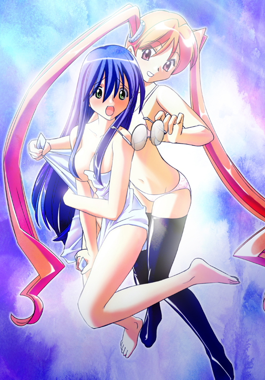 morimi ashita, blue hair, bra, food, glasses, green eyes, lingerie, orange hair, panties, thighhighs, twintails, underwear, vegetable