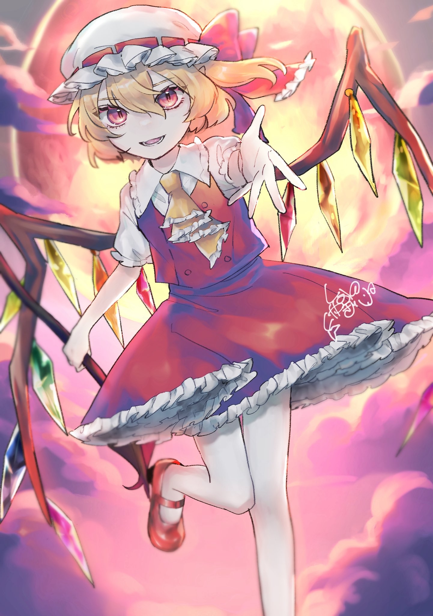 meq (xwtc4338), flandre scarlet, touhou, highres, 1girl, ascot, blonde hair, crystal, crystal wings, frills, hat, hat ribbon, laevatein (touhou), looking at viewer, mary janes, mob cap, moon, open mouth, puffy short sleeves, puffy sleeves, reaching, reaching towards viewer, red eyes, red moon, red skirt, red vest, ribbon, shirt, shoes, short hair, short sleeves, side ponytail, skirt, skirt set, smile, solo, vest, wings, yellow ascot
