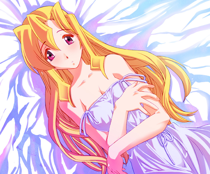 morimi ashita, 1girl, blonde hair, lingerie, love po!, red eyes, underwear