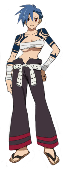 kamina (ttgl), tengen toppa gurren lagann, 00s, 1girl, bandages, bare shoulders, blue hair, bodypaint, breasts, cleavage, female focus, genderswap, genderswap (mtf), large breasts, midriff, sandals, sarashi, short hair, solo, tattoo, underboob