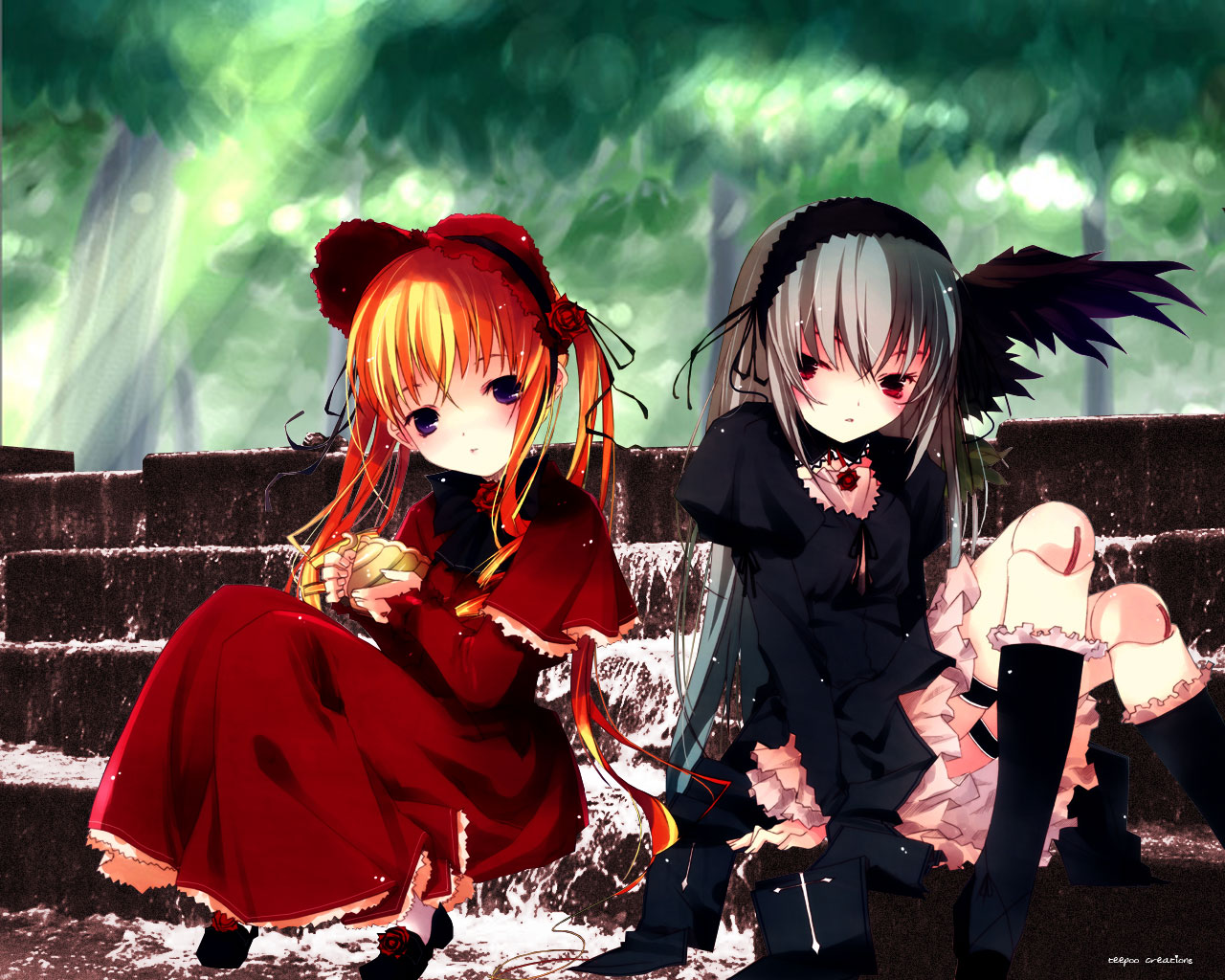 ruroo, shinku, suigintou, rozen maiden, 00s, 2girls, blonde hair, blush, bonnet, cross, cup, day, doll, doll joints, dress, feathers, flower, frills, grey hair, hair ribbon, hairband, holding, joints, kneehighs, latin cross, long hair, multiple girls, outdoors, pale skin, purple eyes, red dress, red eyes, ribbon, rose, shoes, sitting, sitting on stairs, socks, stairs, tea, teacup, twintails, wings