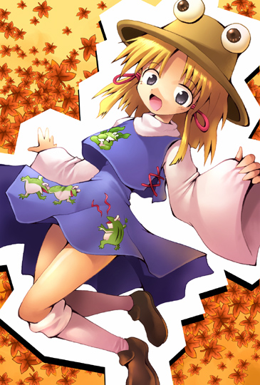 moriya suwako, touhou, 1girl, :o, blonde hair, blue eyes, extra eyes, female focus, hat, kneehighs, loafers, long sleeves, looking at viewer, open mouth, parted bangs, shoes, socks, solo, surprised, sweater, thigh gap, white socks, wide-eyed