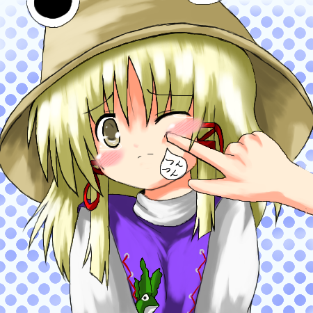 moriya suwako, touhou, lowres, 1girl, blonde hair, blush, female focus, frown, hair ribbon, hat, poking, ribbon, solo, tears