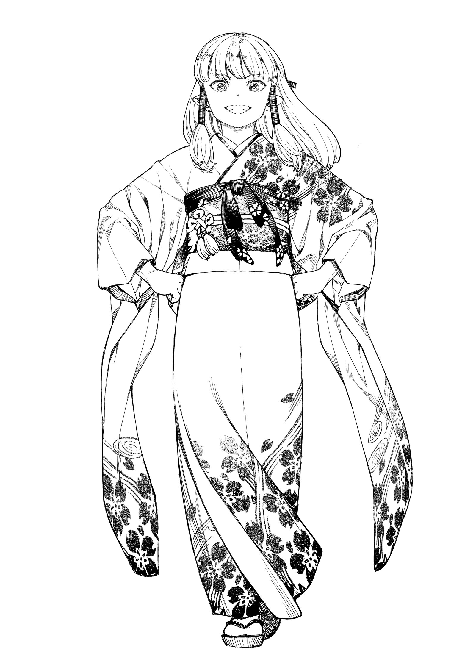 hamada yoshikazu, kiriha (tsugumomo), tsugumomo, highres, 1girl, cherry blossom print, floral print, floral print kimono, full body, greyscale, grin, hands on own hips, japanese clothes, kimono, long hair, monochrome, obi, pointy ears, print kimono, sandals, sash, sidelocks, simple background, smile, solo, tabi, wide sleeves