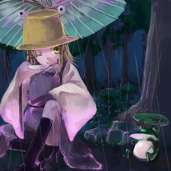 tadano kagekichi, moriya suwako, touhou, 1girl, black socks, blonde hair, drinking, female focus, forest, frog, hair ribbon, hat, kneehighs, leaf umbrella, nature, oekaki, oil-paper umbrella, rain, ribbon, sitting, socks, solo, tree, umbrella, wide sleeves, yellow eyes