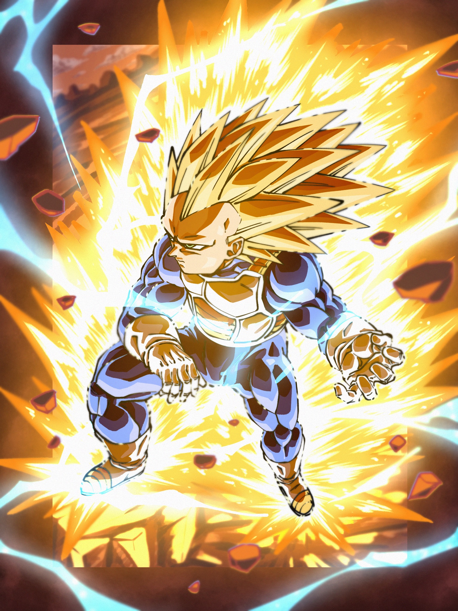 yuyu09010316, vegeta, dragon ball, dragon ball daima, highres, 1boy, armor, aura, blonde hair, blue bodysuit, bodysuit, boots, electricity, full body, gloves, green eyes, long hair, male focus, muscular, muscular male, no eyebrows, saiyan armor, solo, spiked hair, super saiyan, super saiyan 3, white armor, white boots, white gloves