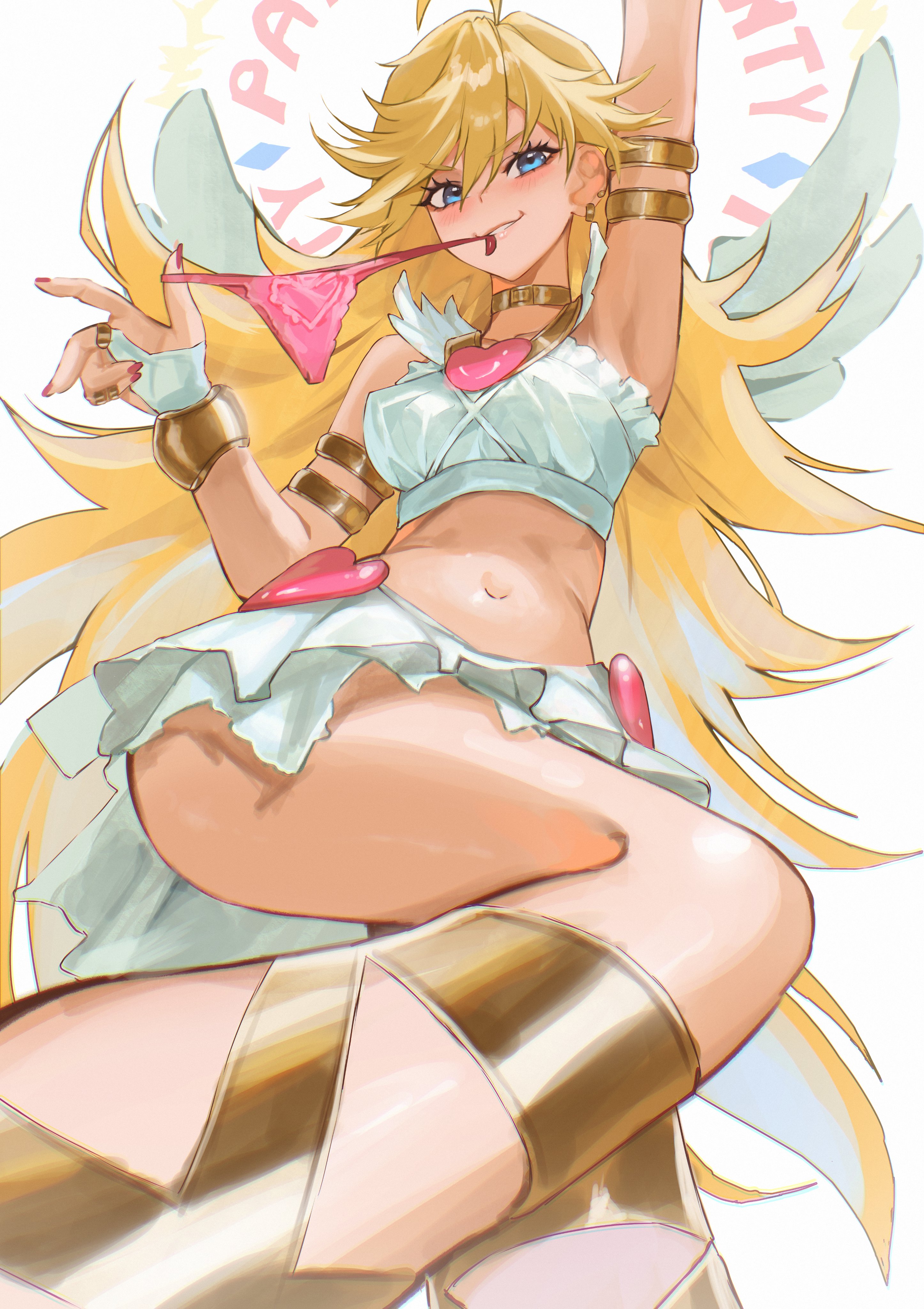 hirosenpai, panty (psg), panty & stocking with garterbelt, absurdres, highres, 1girl, arm up, blonde hair, blue eyes, cowboy shot, cropped shirt, eyelashes, long hair, mouth hold, panties, pink panties, shirt, skirt, solo, thighs, underwear, unworn panties, white shirt, white skirt