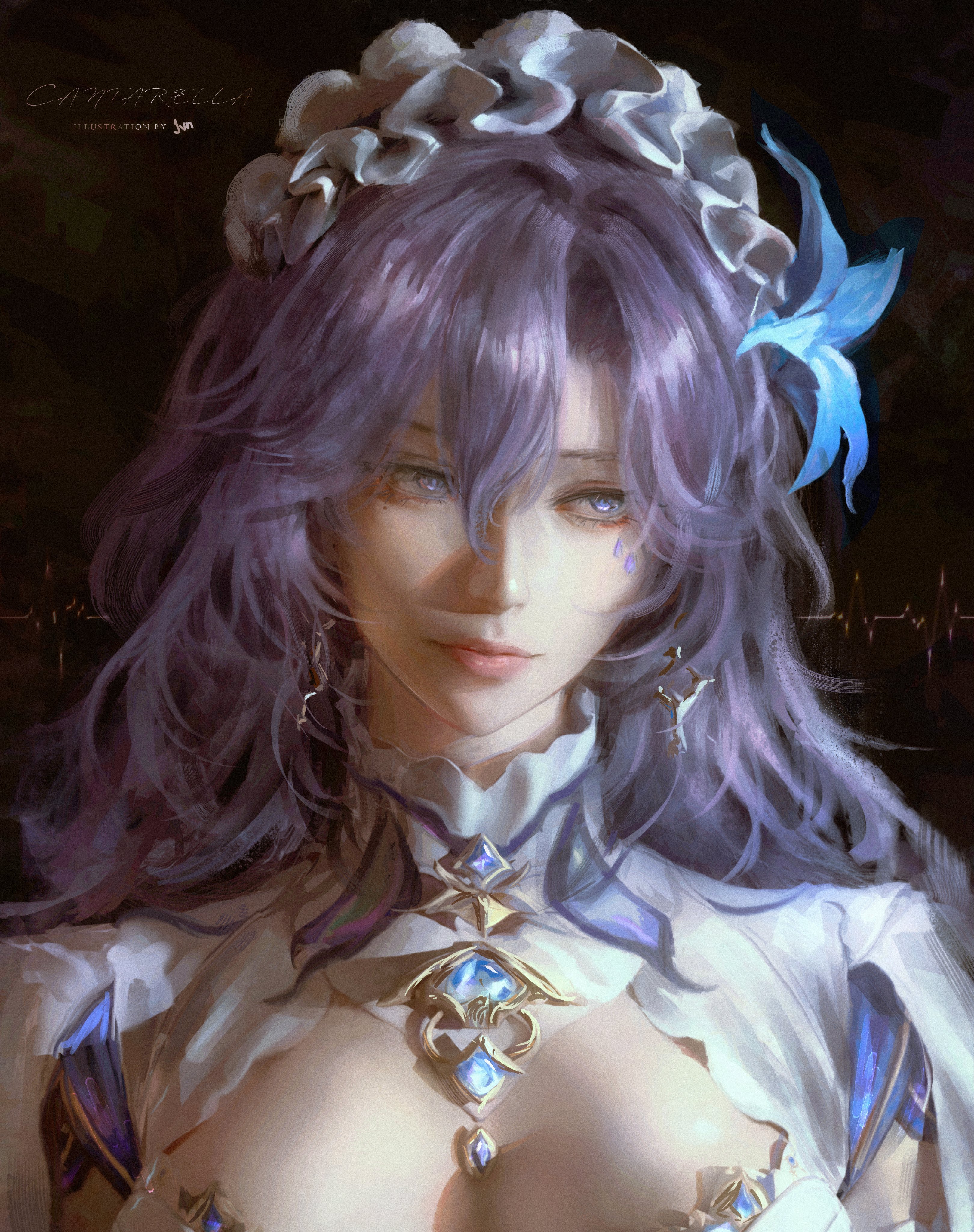 jvn, cantarella (wuthering waves), wuthering waves, absurdres, commentary, english commentary, highres, revision, artist name, blue flower, breasts, character signature, closed mouth, earrings, facial mark, flower, hair between eyes, hair flower, hair ornament, headdress, jewelry, long hair, looking to the side, mark under eye, medium breasts, portrait, purple eyes, purple hair, shrug (clothing), white shrug