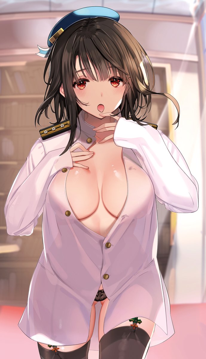 hayakawa akari, takao (kancolle), kantai collection, commentary, symbol-only commentary, 1girl, beret, black hair, black panties, black thighhighs, blue hat, blush, breasts, cleavage, garter straps, gluteal fold, hand on own chest, hat, indoors, large breasts, long sleeves, open mouth, panties, red eyes, see-through clothes, shirt, short hair, solo, thighhighs, tongue, underwear, white shirt