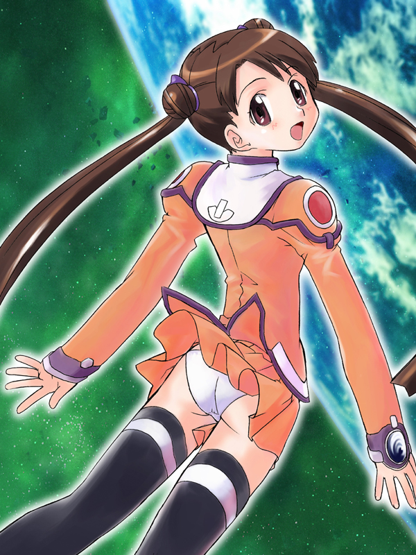 morimi ashita, katase shima, uchuu no stellvia, 00s, brown eyes, brown hair, panties, school uniform, serafuku, thighhighs, twintails, underwear
