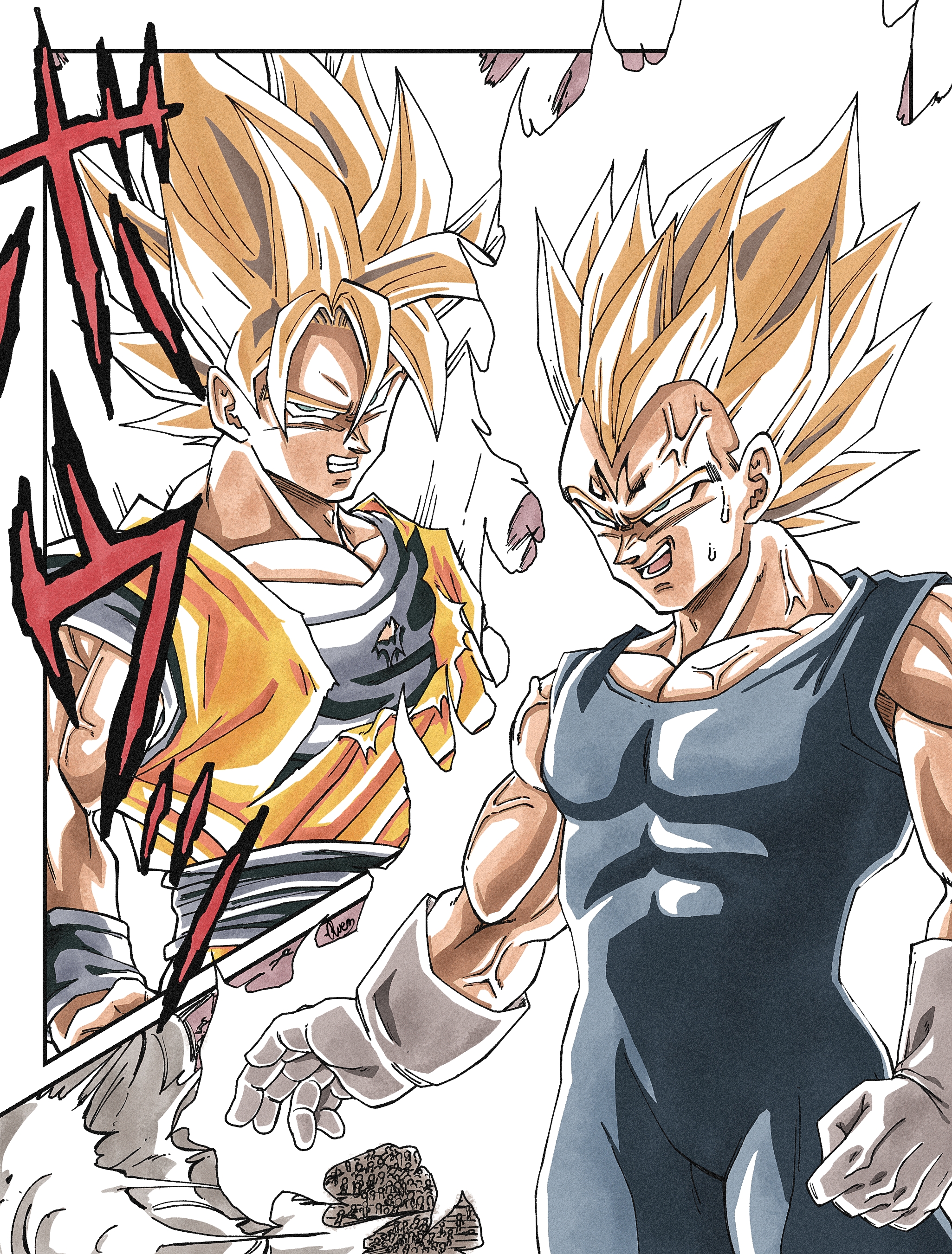 majin vegeta, son goku, vegeta, dragon ball, dragonball z, absurdres, highres, 2boys, aura, blonde hair, blue bodysuit, blue sash, blue shirt, blue wrist cuffs, bodysuit, clenched teeth, dougi, facial mark, forehead mark, male focus, medium hair, multiple boys, muscular, muscular male, open mouth, orange pants, orange shirt, pants, parted lips, ruemr03190 0, sash, shirt, spiked hair, super saiyan, super saiyan 1, teeth, torn clothes, torn shirt, veins, wrist cuffs
