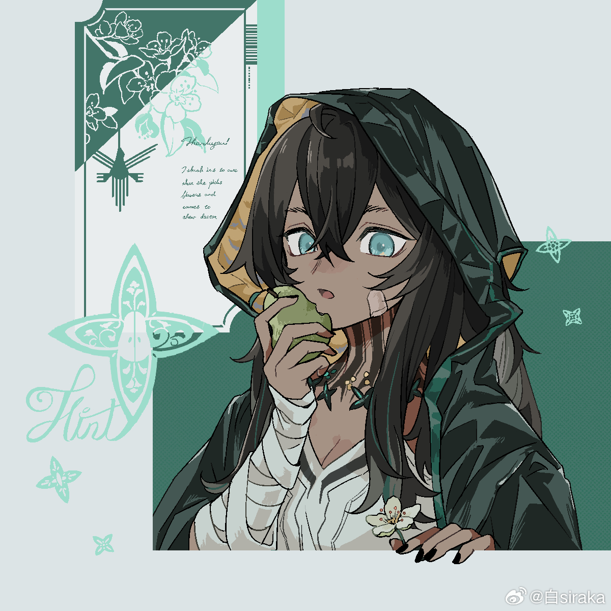 sirakaro, flint (arknights), arknights, commentary request, highres, 1girl, bandaid, biting, black hair, black nails, breasts, cleavage, english text, food, fruit, hair between eyes, hood, hood up, imminent bite, long hair, looking at viewer, open mouth, pear, solo, thank you