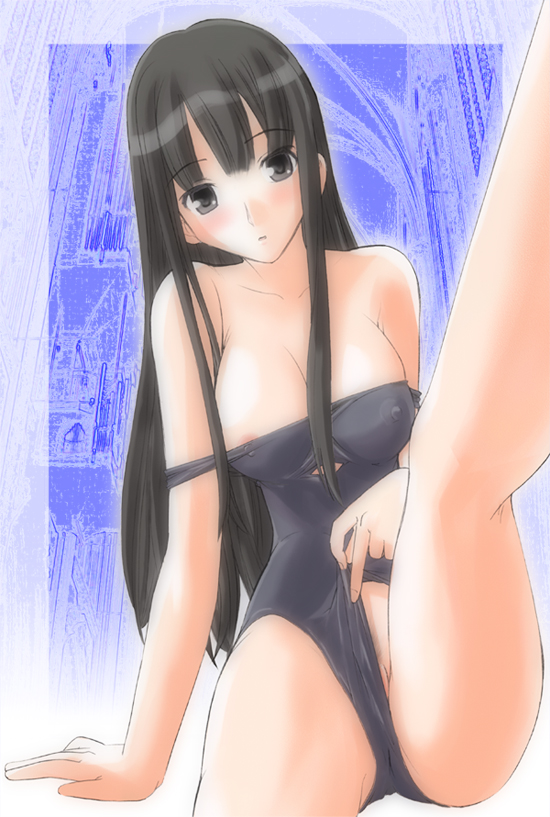 morimi ashita, futami eriko, kimi kiss, 1girl, areola slip, black eyes, black hair, black one-piece swimsuit, breasts, clothing aside, covered erect nipples, female focus, long hair, nipple slip, nipples, one-piece swimsuit, school swimsuit, small breasts, solo, swimsuit, swimsuit aside