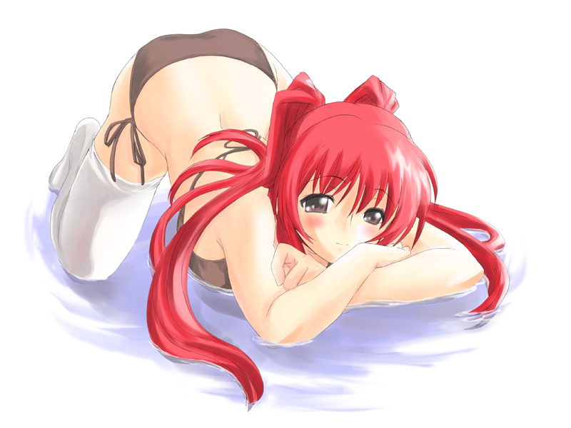 morimi ashita, kousaka tamaki, to heart (series), to heart 2, 00s, bikini, brown eyes, red hair, side-tie bikini bottom, solo, swimsuit, thighhighs, twintails
