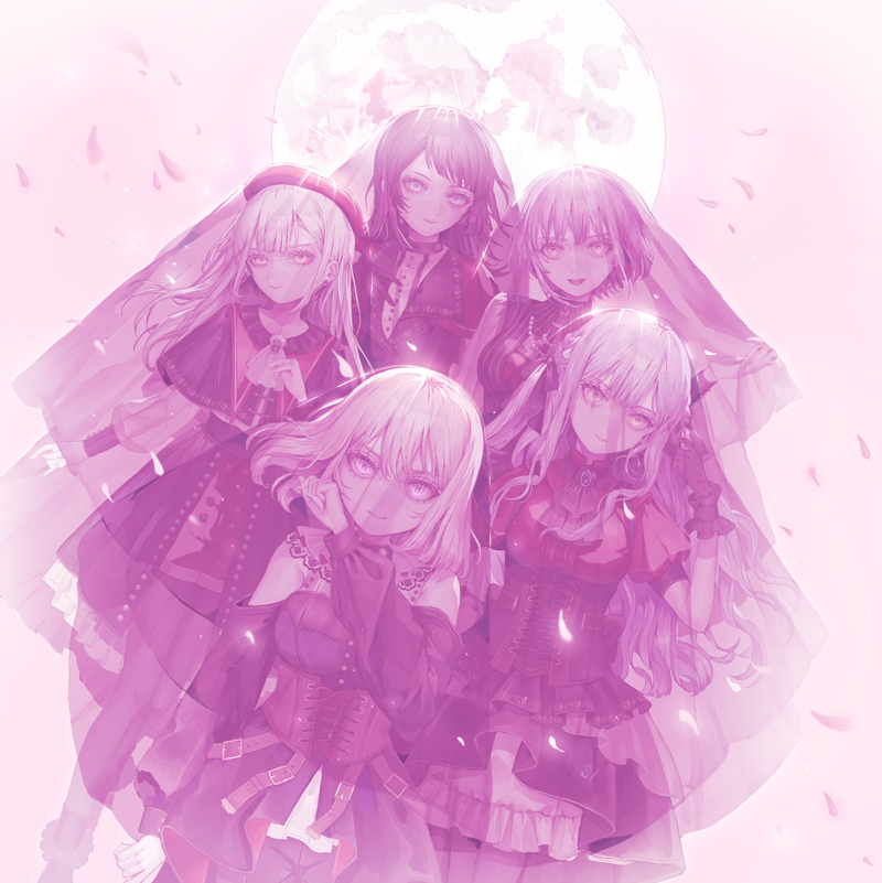 amoris (bang dream!), doloris (bang dream!), misumi uika, mortis (bang dream!), mortis (costume) (bang dream!), oblivionis (bang dream!), timoris (bang dream!), togawa sakiko, wakaba mutsumi, yahata umiri, yuutenji nyamu, ave mujica (bang dream!), bang dream!, bang dream! it's mygo!!!!!, artist request, official art, 5girls, ascot, bead necklace, beads, beret, black ascot, black capelet, black corset, black dress, black gloves, black hair, black pantyhose, black ribbon, black skirt, blonde hair, blue hair, breasts, brown corset, capelet, clothing cutout, corset, dress, earrings, falling petals, gloves, hair ribbon, hat, jewelry, long hair, long sleeves, medium breasts, medium hair, multiple girls, necklace, pantyhose, petals, pink eyes, purple hair, purple theme, red capelet, red hat, red shirt, ribbon, shirt, shoulder cutout, sidelocks, skirt, veil, white ascot, yellow eyes