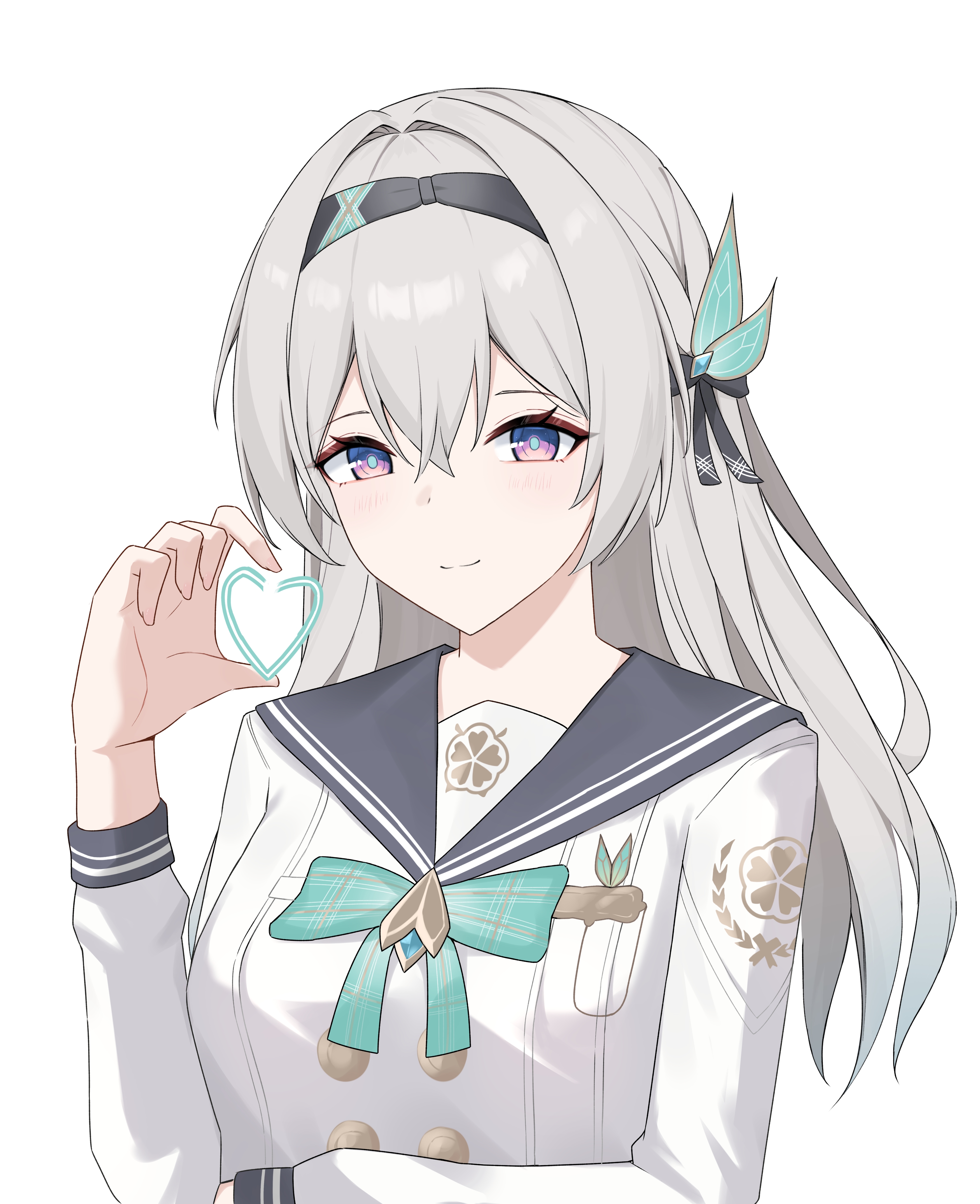 nicel, firefly (honkai: star rail), firefly (spring missive) (honkai: star rail), honkai: star rail, honkai (series), absurdres, commentary, highres, 1girl, black bow, black hairband, blue eyes, bow, bowtie, breasts, buttons, closed mouth, colored tips, double-breasted, green bow, green bowtie, green pupils, grey hair, grey sailor collar, hair bow, hairband, heart, long hair, long sleeves, looking at viewer, medium breasts, multicolored eyes, multicolored hair, official alternate costume, purple eyes, sailor collar, school uniform, serafuku, shirt, simple background, smile, solo, two-tone eyes, upper body, white background, white shirt