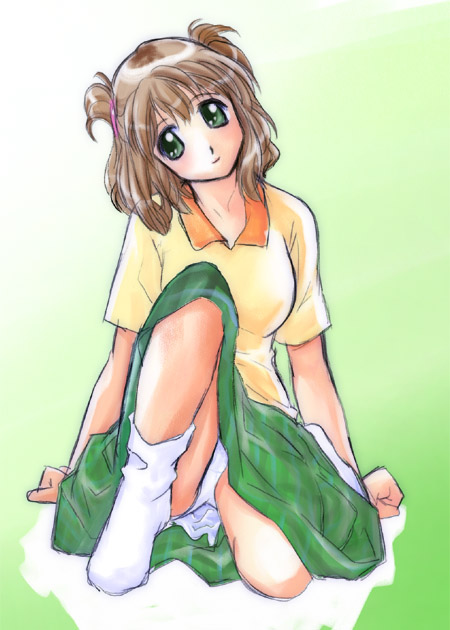 morimi ashita, original, brown hair, green eyes, panties, skirt, socks, underwear