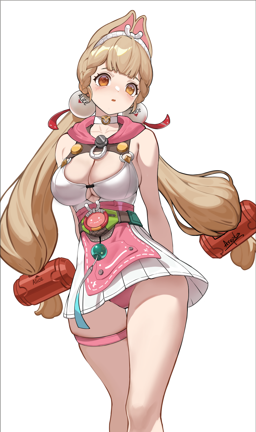 arepko, alice thymefield, alice thymefield (sea of thyme), zenless zone zero, commentary, highres, 1girl, animal ears, blonde hair, breasts, character name, choker, cleavage, cowboy shot, dress swimsuit, heterochromia, long hair, looking at viewer, low twintails, official alternate costume, orange eyes, rabbit ears, rabbit girl, simple background, sphere hair ornament, swimsuit, thigh strap, twintails, white background, white choker, yellow eyes