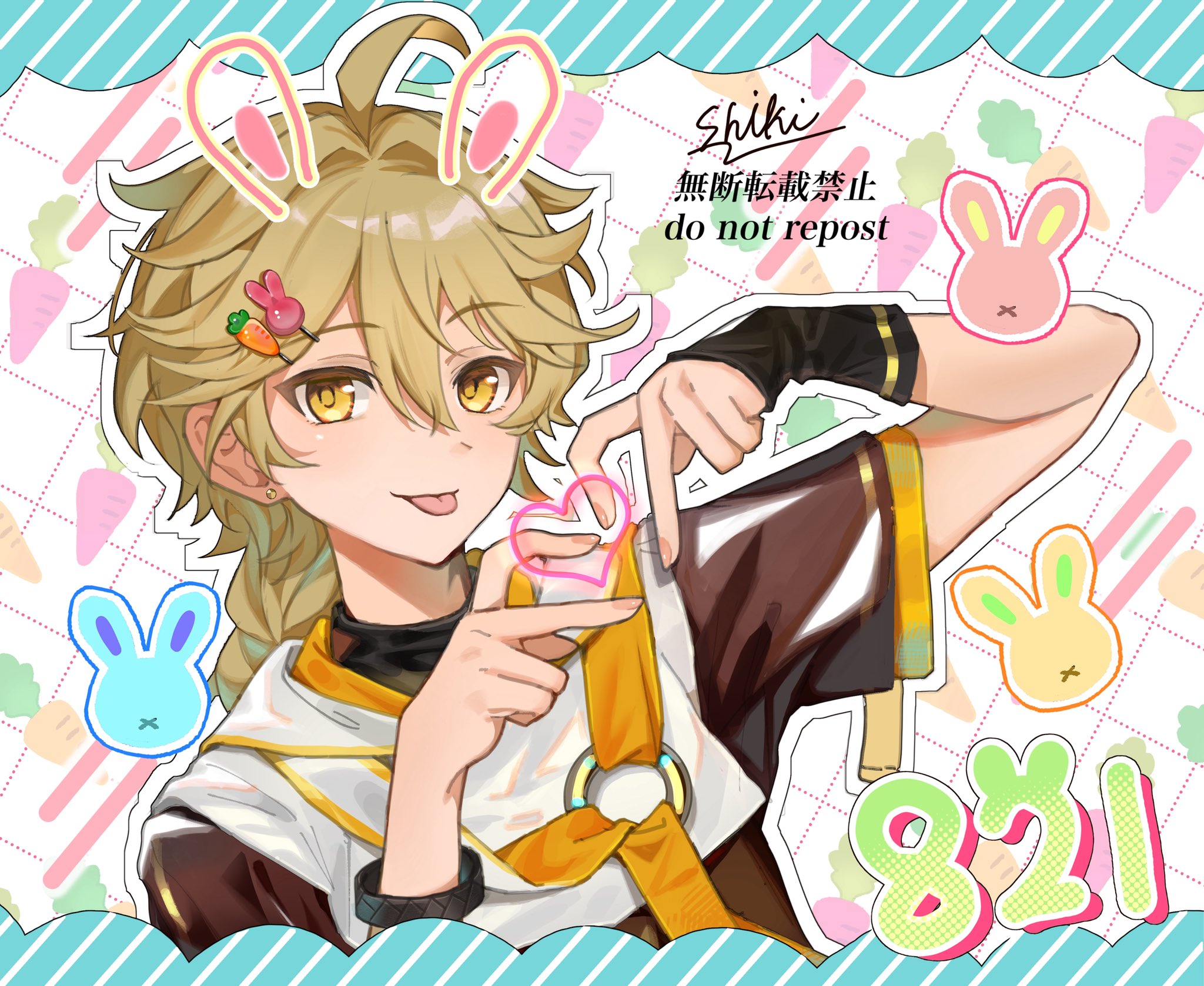zashikino shiki, aether (genshin impact), genshin impact, highres, 1boy, ahoge, artist name, blonde hair, brown shirt, dated, drawn ears, hair ornament, hairclip, heart, heart hands, long hair, looking at viewer, scarf, shirt, short sleeves, signature, solo, tongue, tongue out, upper body, watermark, white scarf, yellow eyes