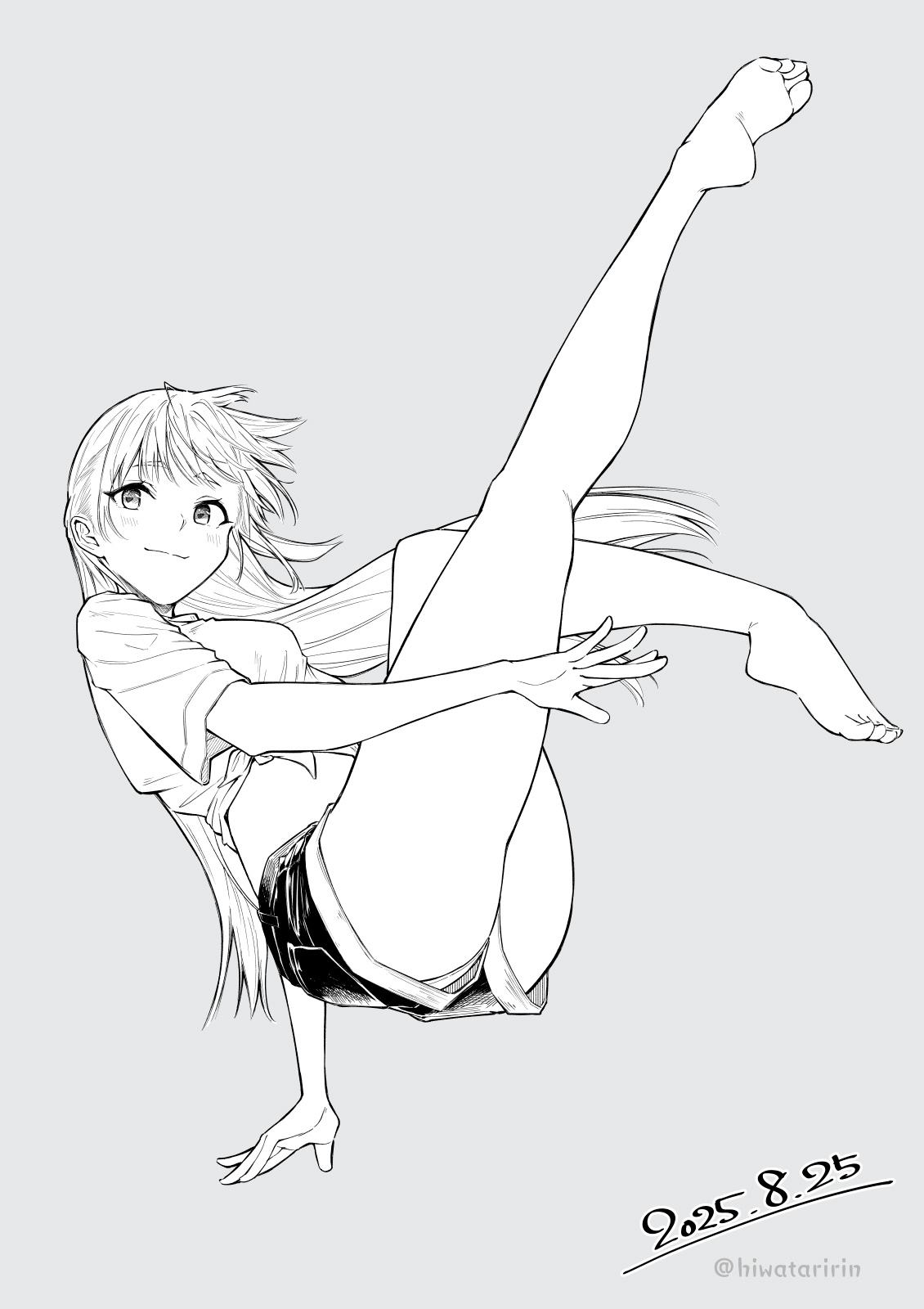 hiwatari rin, original, commentary, highres, 1girl, artist name, barefoot, dated, feet, full body, greyscale, leg up, long hair, looking at viewer, monochrome, shirt, short shorts, shorts, simple background, smile, soles, solo, thighs, tied shirt, toes