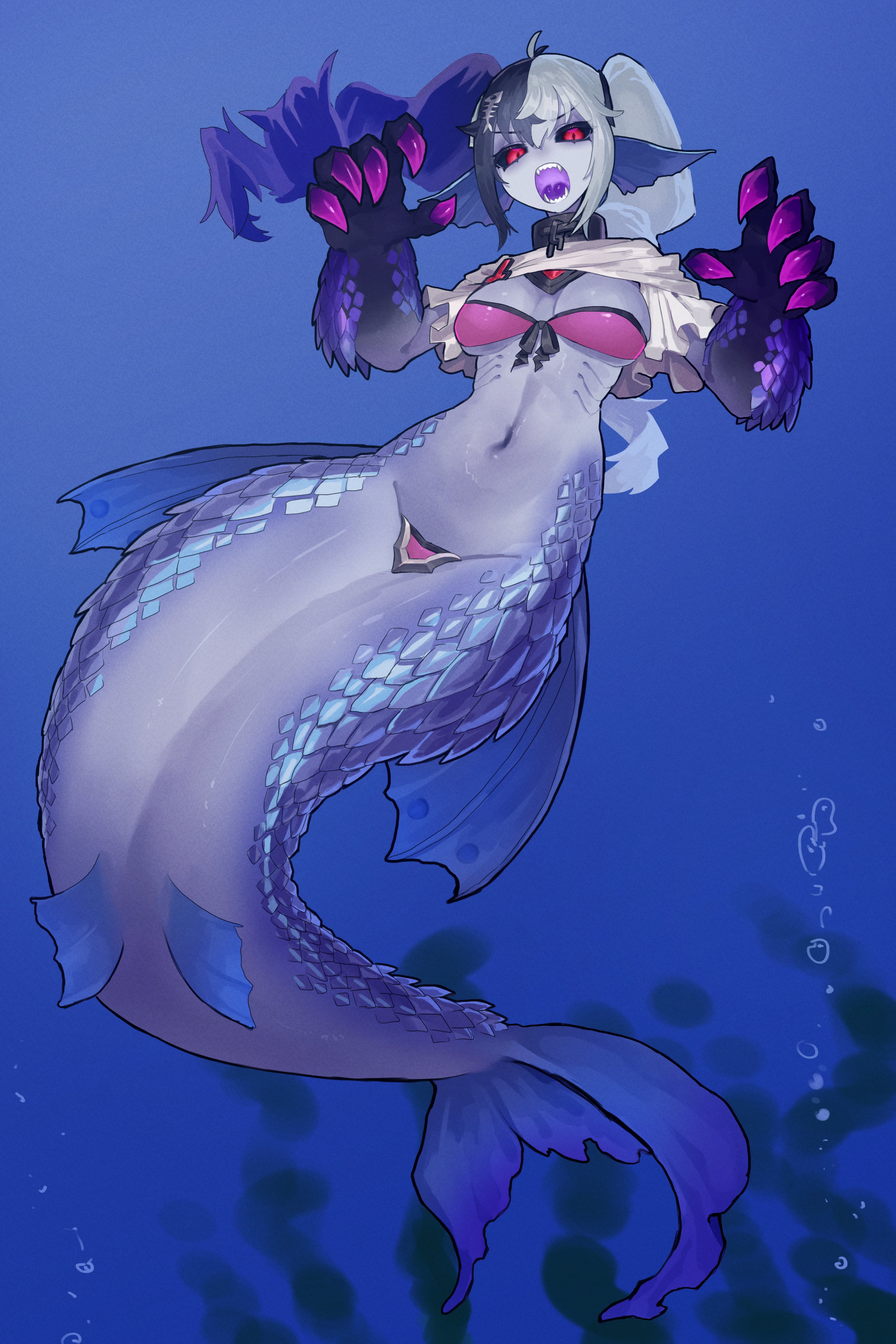 ekrea jan, original, absurdres, commentary request, commission, highres, skeb commission, 1girl, black hair, black sclera, blue scales, bra, breasts, claws, colored sclera, fins, full body, head fins, long hair, looking at viewer, medium breasts, mermaid, monster girl, navel, open mouth, purple bra, red eyes, scales, solo, twintails, underwater, underwear, white hair