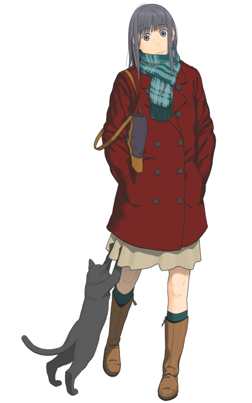 yoshitaka, original, 1girl, bag, boots, cat, coat, female focus, grey eyes, grey hair, hands in pockets, kneehighs, o o, scarf, skirt, socks, solo, walking