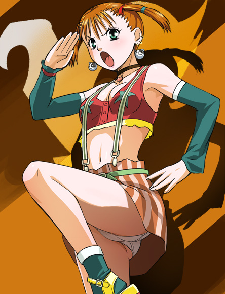 haruyama kazunori, namba teru, nanba teru, hariken polymar, hurricane polymer, shin hariken polymar, 1990s (style), 1girl, armpits, breasts, choker, detached sleeves, female focus, green eyes, midriff, miniskirt, open mouth, panties, pantyshot, red hair, retro artstyle, salute, skirt, small breasts, solo, suspenders, twintails, underwear