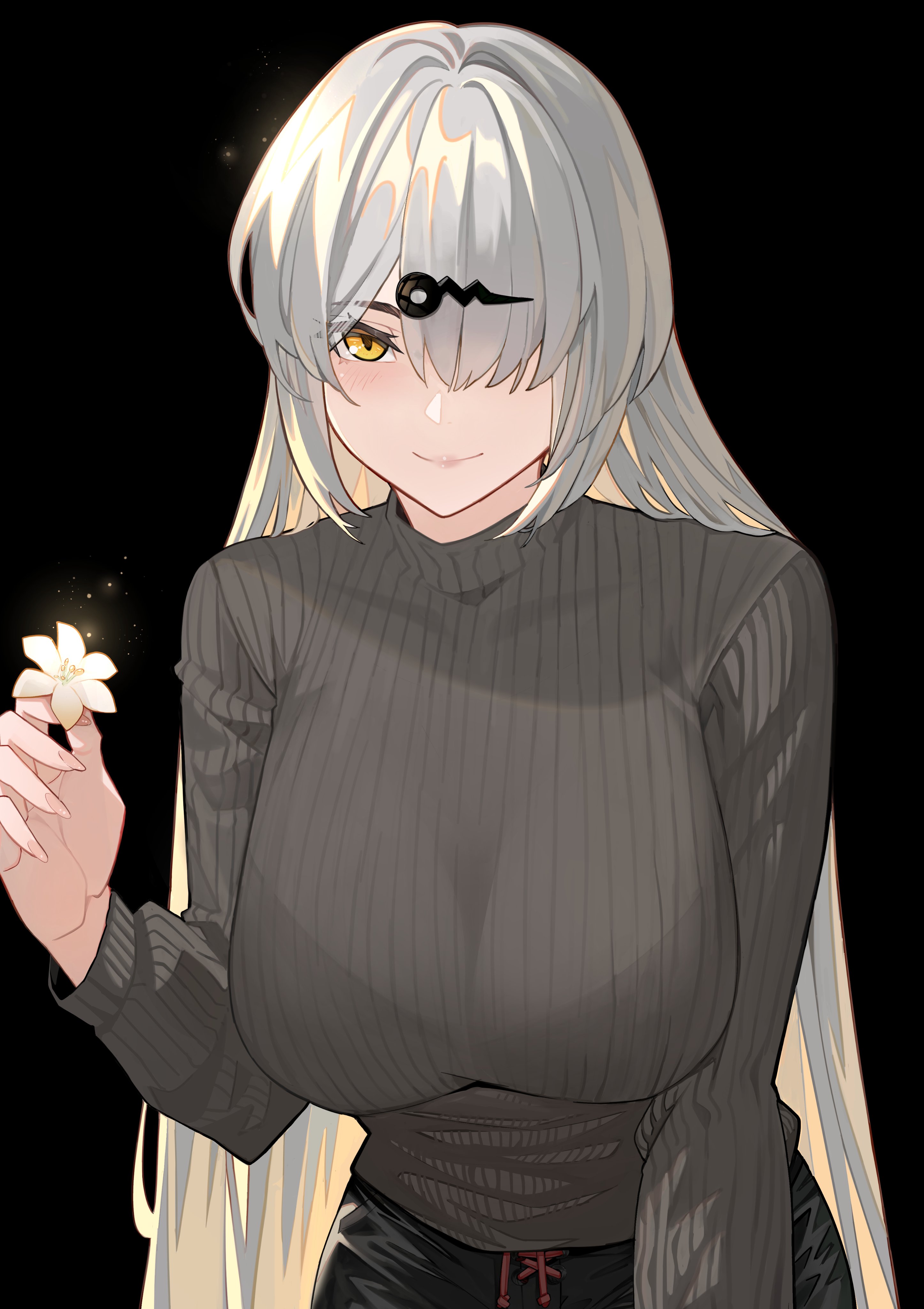 nonh (wormoftank), yixuan (zenless zone zero), zenless zone zero, absurdres, highres, 1girl, alternate costume, black background, black pants, black sweater, blush, bra visible through clothes, breasts, flower, grey hair, hair ornament, hair over one eye, hairclip, holding, holding flower, large breasts, long hair, looking at viewer, pants, smile, solo, sweater, upper body, yellow eyes