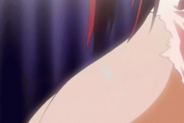 ail maniax, ail maniax: inma seifuku kari & majo kari no yoru ni, screencap, animated, animated gif, lowres, 1girl, blush, breast sucking, breastfeeding, breasts, breasts out, breasts squeezed together, closed eyes, female focus, grabbing another's breast, groping, huge breasts, indoors, lactation, large breasts, nipples, no bra, open mouth, red hair, self milking, solo, sucking own breasts, torn clothes