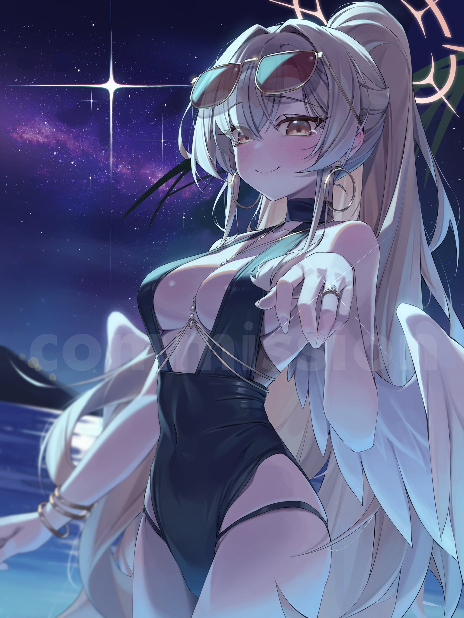 um 111, nagisa (blue archive), nagisa (swimsuit) (blue archive), blue archive, commission, highres, 1girl, bare shoulders, black one-piece swimsuit, blush, bracelet, breasts, brown eyes, brown hair, center opening, cleavage, earrings, eyewear on head, feathered wings, hair intakes, halo, high ponytail, hoop earrings, jewelry, large breasts, long hair, night, night sky, one-piece swimsuit, ponytail, ring, sky, smile, solo, star (sky), star (symbol), starry sky, sunglasses, swimsuit, tearing up, tinted eyewear, very long hair, watermark, wedding ring, white wings, wings