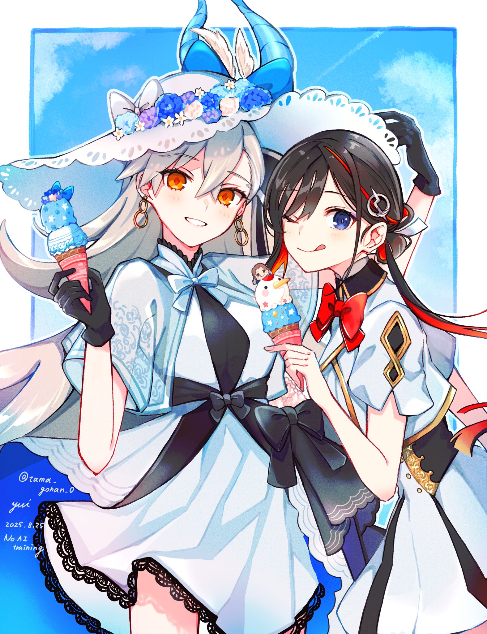 yui (tamagohan), jeunesse crane (fate), miss crane (fate), olga marie animusphere, u-olga marie, u-olga marie (first ascension), fate/grand order, fate (series), highres, 2girls, ;q, asymmetrical bangs, black bow, black gloves, black hair, black overskirt, black ribbon, blue bow, blue horns, blush, bow, bowtie, breasts, collared jacket, collared shrug, colored inner hair, cowboy shot, cropped jacket, crossed bangs, curled horns, dress, earrings, facing viewer, flower, food, frilled dress, frills, from side, gloves, hair between eyes, hair ornament, hair ribbon, hairpin, hat, hat bow, hat flower, high collar, holding, holding food, holding ice cream, hoop earrings, horns, ice cream, ice cream cone, jacket, jeunesse crane (second ascension) (fate), jewelry, large hat, leaning forward, long hair, looking at viewer, low ponytail, multicolored hair, multiple girls, one eye closed, orange eyes, outdoors, outside border, ponytail, purple eyes, red bow, red bowtie, red hair, ribbon, see-through clothes, see-through shrug, short sleeves, shrug (clothing), smile, sun hat, sundress, tongue, tongue out, turning head, two-tone dress, two-tone hair, white bow, white dress, white hair, white hat, white jacket, white shrug, wide brim