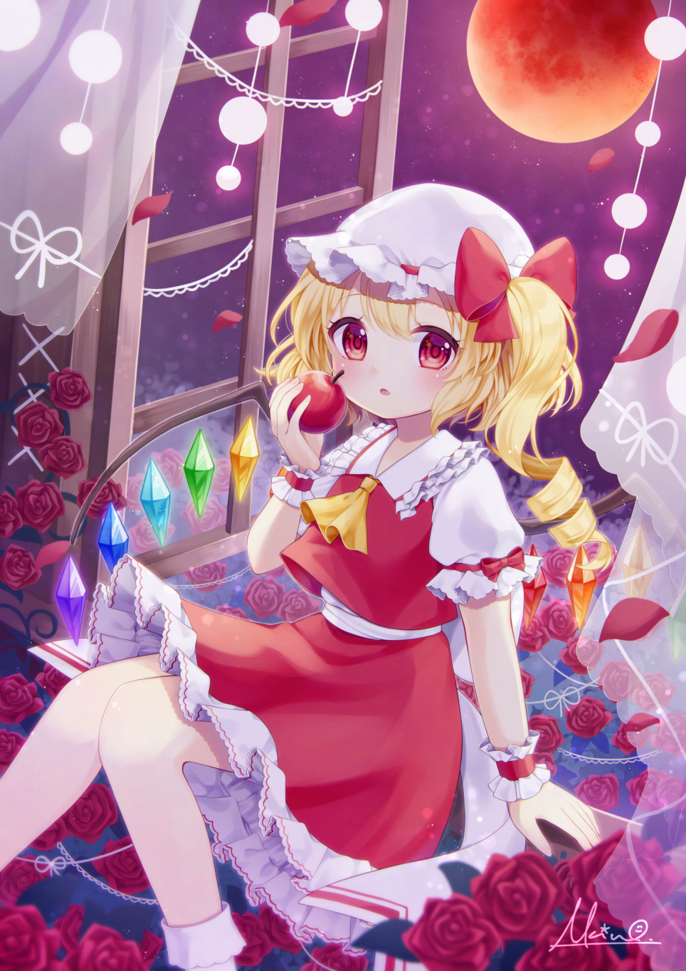 akino min, flandre scarlet, embodiment of scarlet devil, touhou, highres, 1girl, apple, ascot, blonde hair, crystal, crystal wings, flower, food, fruit, full body, full moon, hat, hat ribbon, holding, holding food, holding fruit, indoors, looking at viewer, mob cap, moon, night, night sky, puffy short sleeves, puffy sleeves, red eyes, red flower, red moon, red rose, ribbon, rose, short sleeves, side ponytail, sitting, skirt, sky, solo, window, wings, wrist cuffs