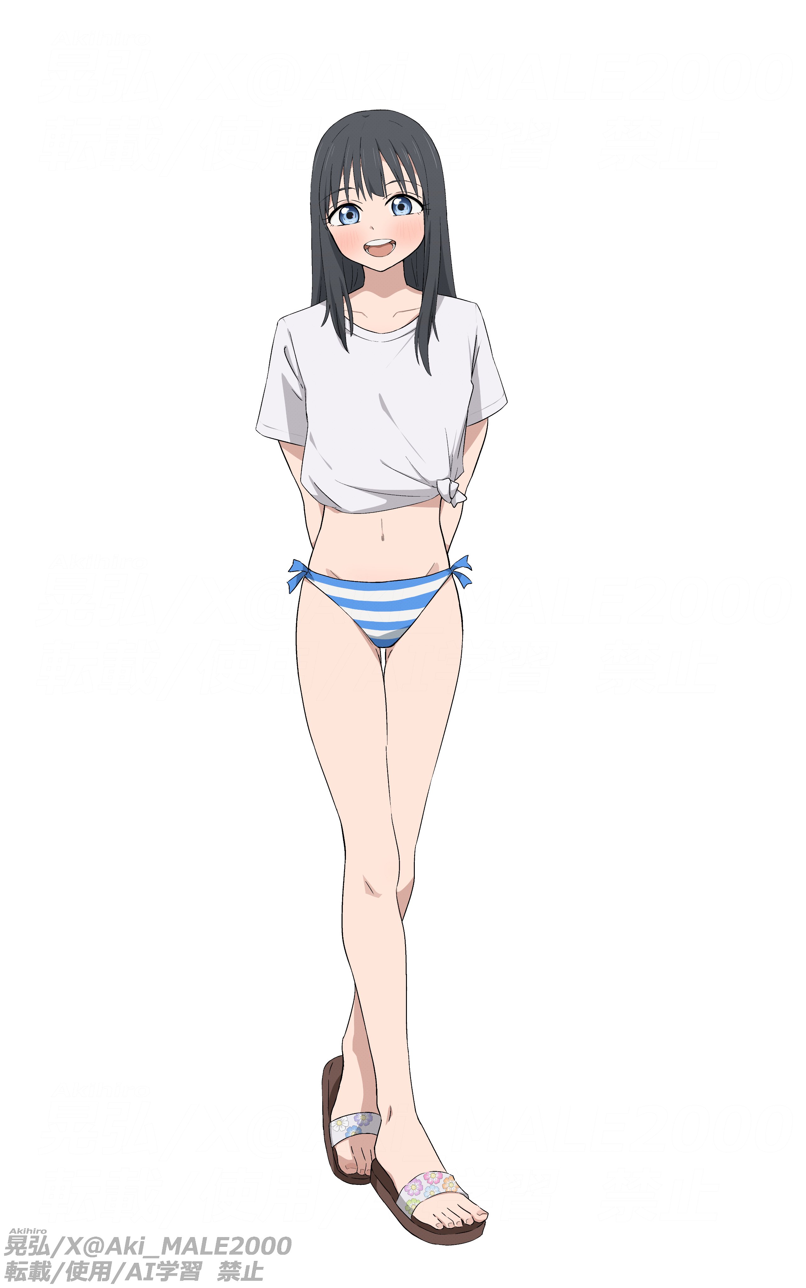 aki male2000, akebi komichi, akebi-chan no serafuku, absurdres, commentary request, highres, 1girl, arms behind back, bikini, bikini bottom only, blue bikini, collarbone, full body, grey eyes, grey hair, long hair, multicolored bikini, navel, open mouth, sandals, shirt, simple background, solo, standing, striped bikini, striped clothes, swimsuit, teeth, tied shirt, twitter username, two-tone bikini, upper teeth only, white background, white bikini, white shirt