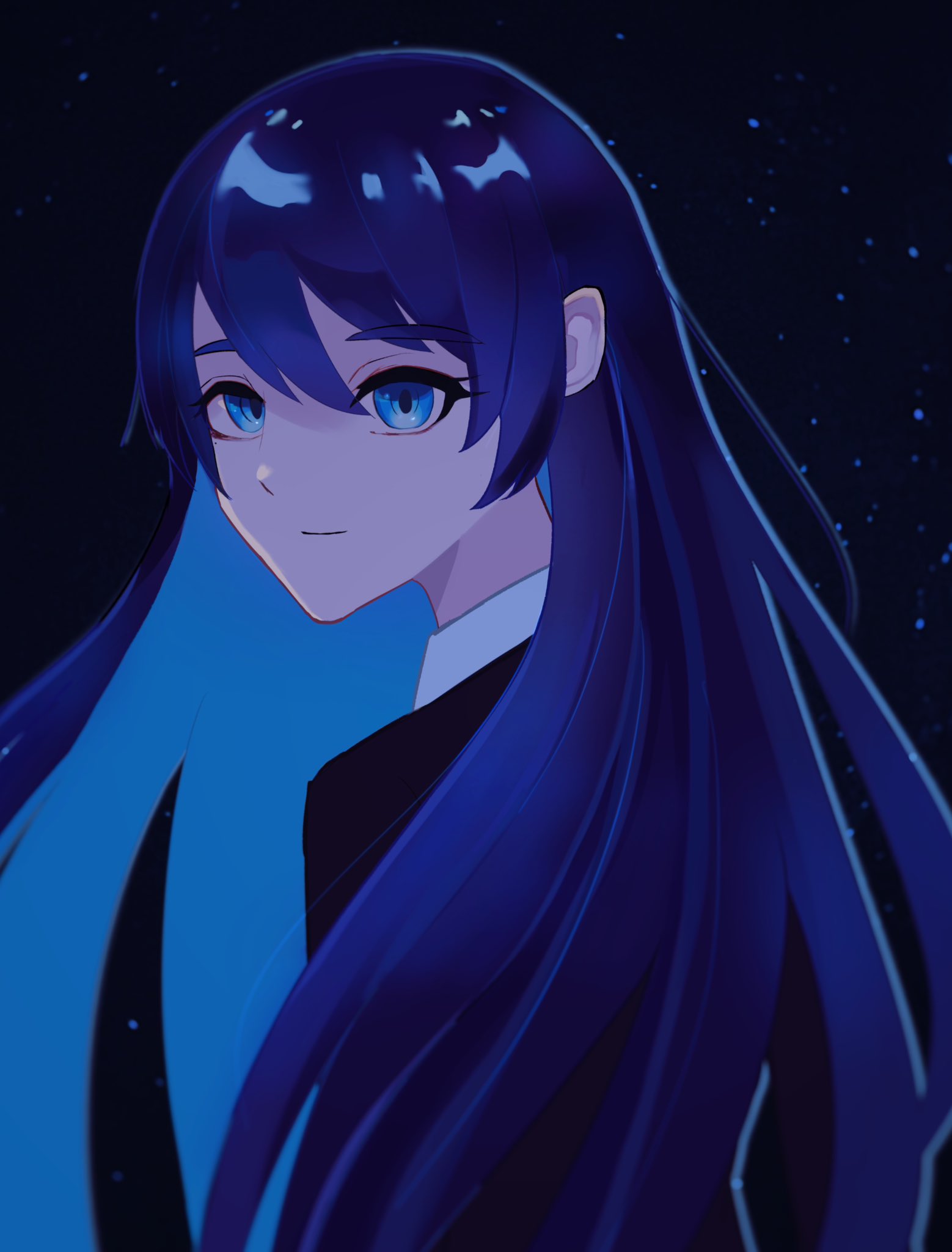 ado (ado1024imokenp), chando (ado), ado (utaite), commentary, commentary request, english commentary, highres, mixed-language commentary, textless version, 1girl, blue eyes, blue hair, closed mouth, colored inner hair, ha-chan (ado), hair between eyes, long hair, mole, mole under eye, multicolored hair, self-portrait, solo, upper body, utaite