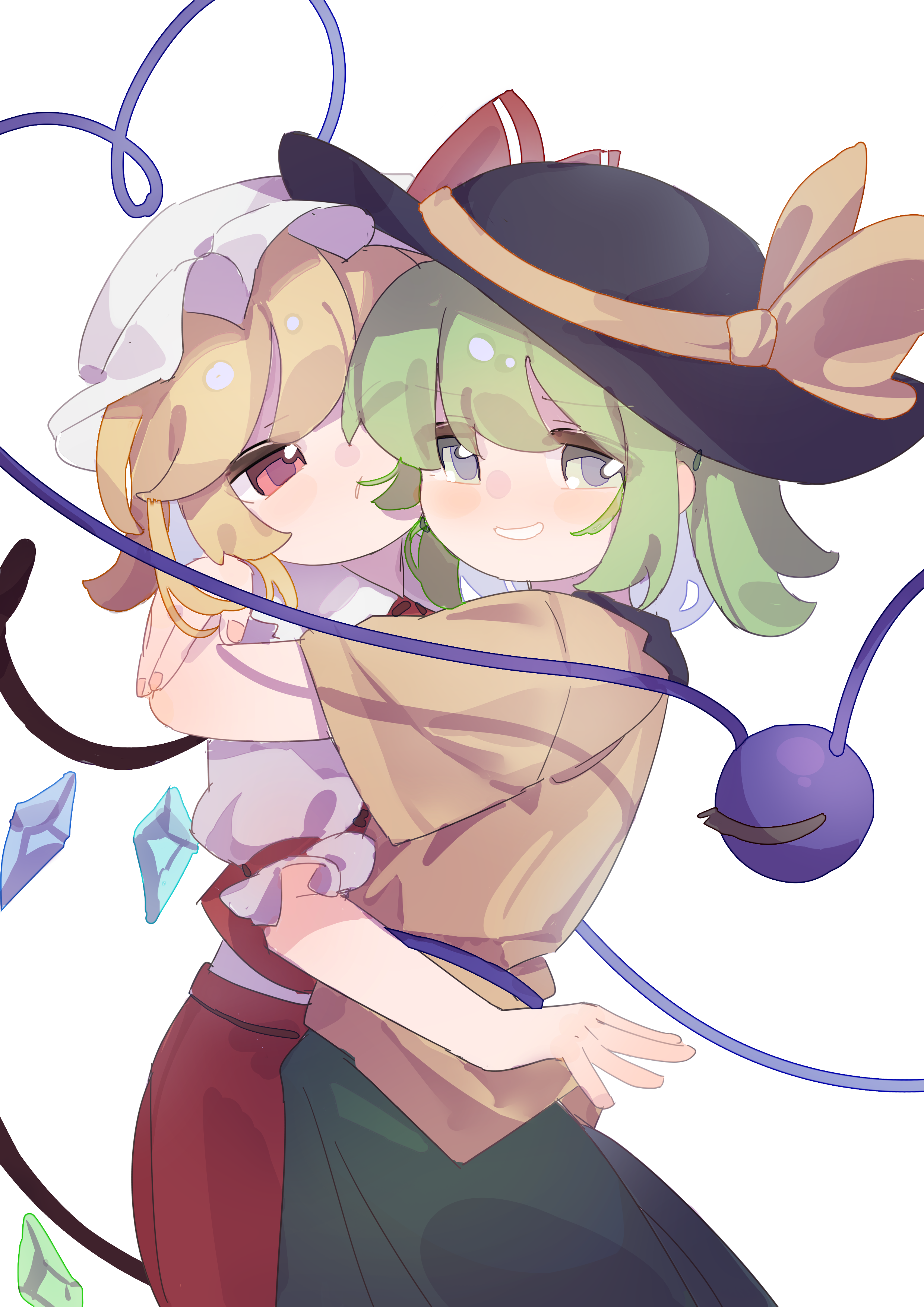 gumingdi ban, flandre scarlet, komeiji koishi, touhou, absurdres, highres, 2girls, black hat, blonde hair, cowboy shot, green skirt, grin, hat, heart, heart of string, hug, looking at viewer, mob cap, multiple girls, puffy short sleeves, puffy sleeves, red eyes, red skirt, red vest, shirt, short sleeves, simple background, skirt, smile, third eye, vest, white background, white hat, white shirt, wings, yellow shirt, yuri
