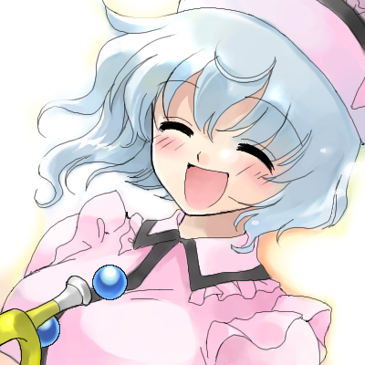 merlin prismriver, touhou, lowres, 1girl, :d, closed eyes, female focus, frills, hat, instrument, open mouth, pink hat, smile, solo, trumpet, upper body