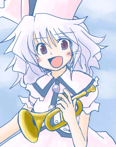 merlin prismriver, touhou, lowres, 1girl, female focus, hat, instrument, solo, trumpet