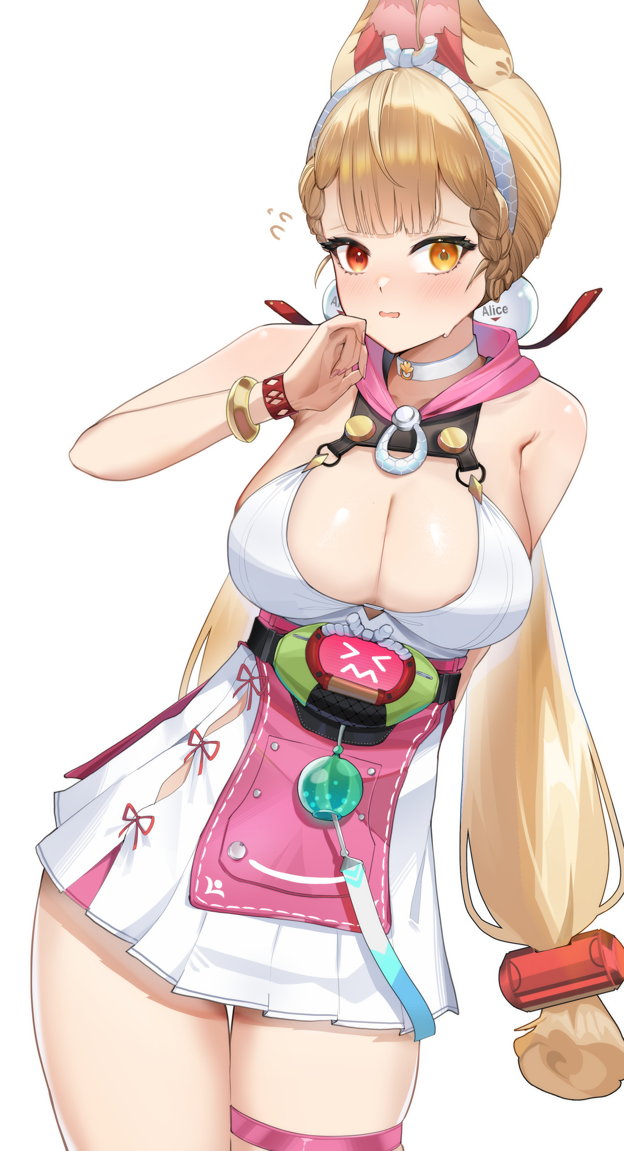 nokyang, alice thymefield, alice thymefield (sea of thyme), zenless zone zero, absurdres, commentary, highres, animal ears, armpit crease, bare shoulders, blonde hair, breasts, character name, cowboy shot, dress swimsuit, fingernails, flying sweatdrops, long hair, low twintails, rabbit ears, rabbit girl, red eyes, simple background, sphere hair ornament, thigh strap, twintails, white background, yellow eyes