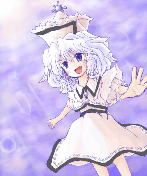 merlin prismriver, touhou, silver hair, 1girl, :d, blue eyes, blue hair, collar, dress, female focus, foreshortening, frills, hat, matching hair/eyes, open mouth, outstretched arms, purple background, simple background, smile, solo, standing, tate eboshi, wavy hair, white dress